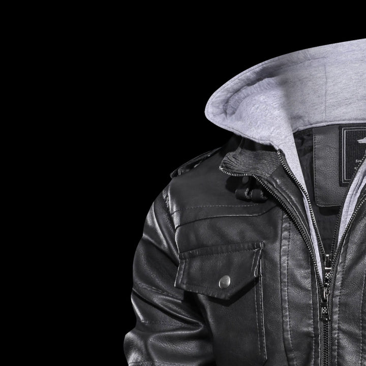 Herren Lederoptik-Utility-Jacke mit Kapuze, Reißverschlusstaschen und Rippbündchen Drune