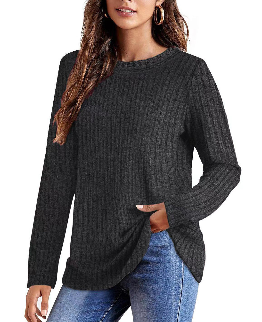 Damen Geripptes Feinstrick-Longsleeve mit Rundhalsausschnitt und asymmetrischem Saum Drune