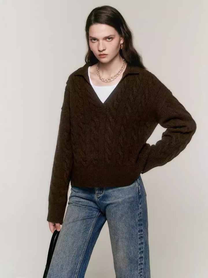 Damen Strickpullover mit V-Ausschnitt und Kabelmuster Drune