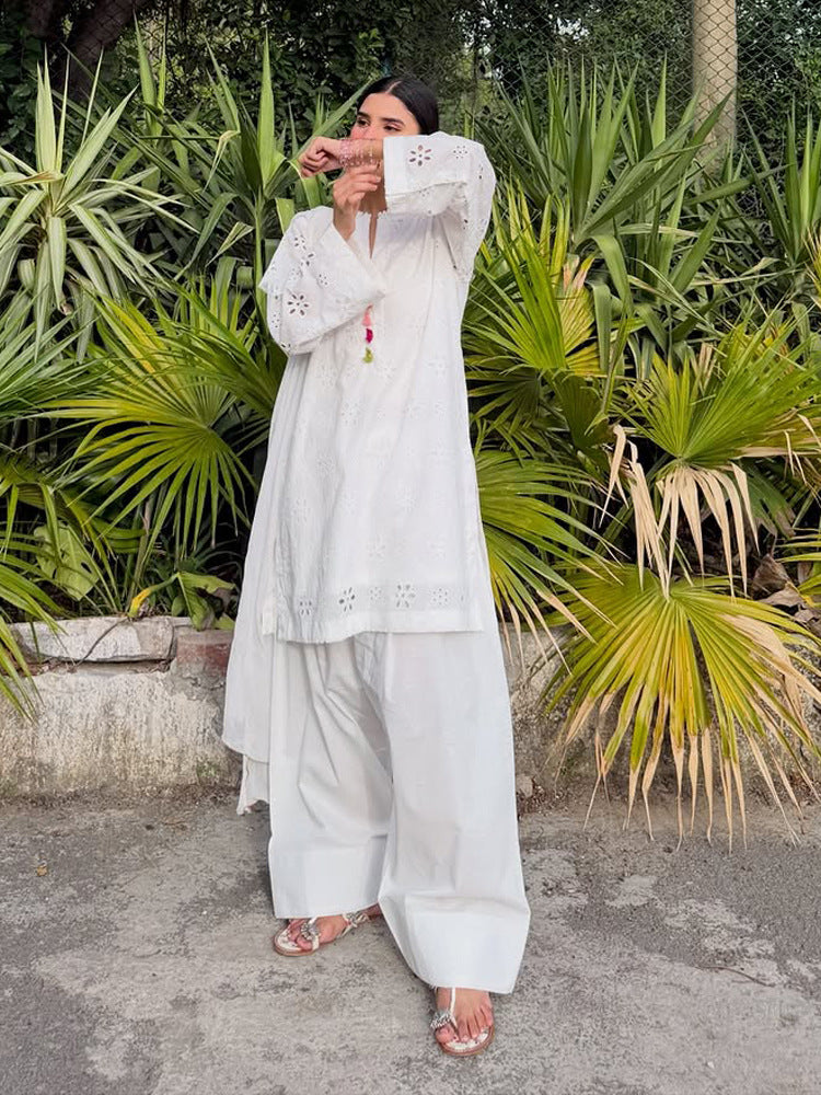 Damen Lockertes Tunika-Set mit Broderie Anglaise und weiten Pluderhosen Drune
