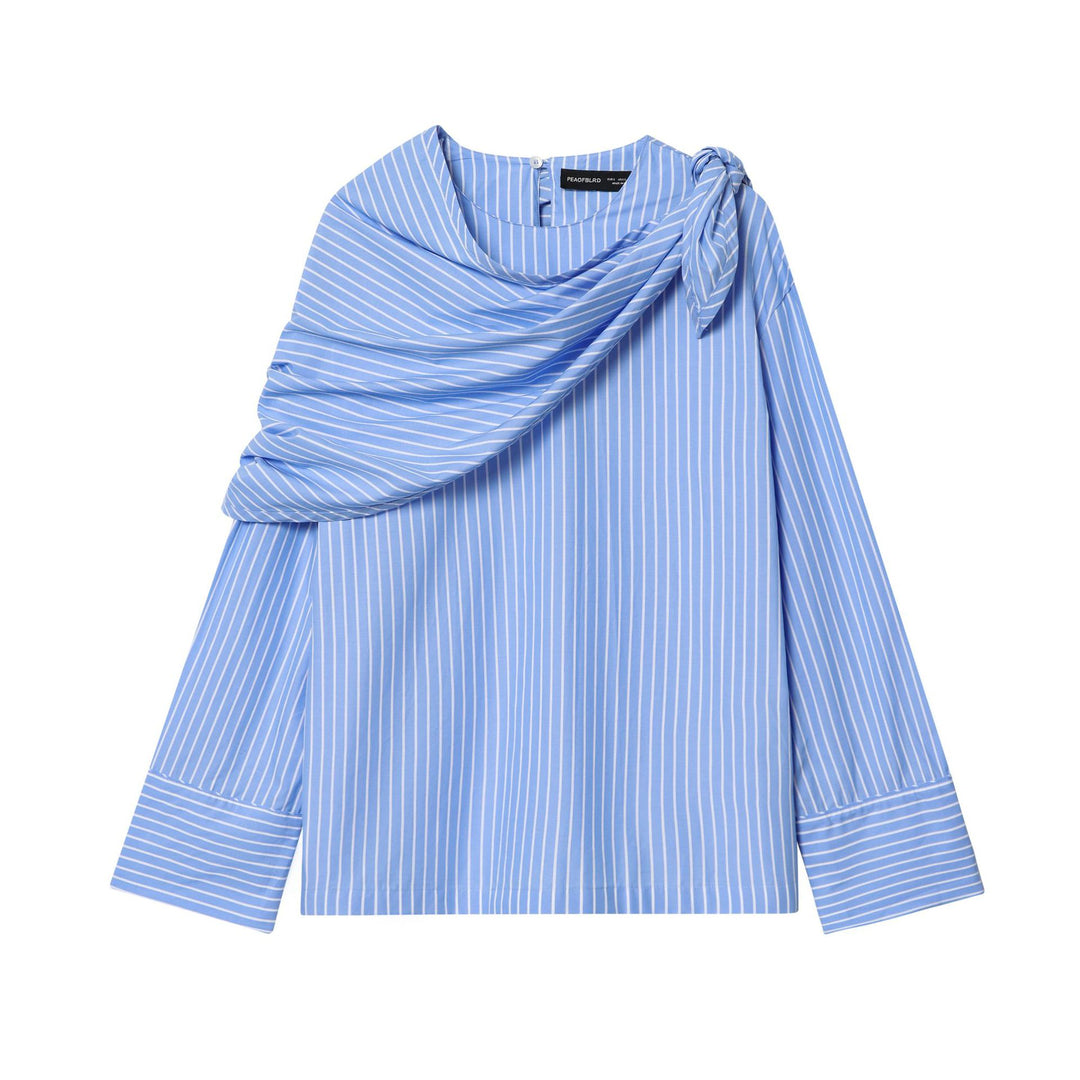 Damen nan schulterdetailierte Baumwollbluse mit Drapé-Schalkragen und breiten Manschetten Drune