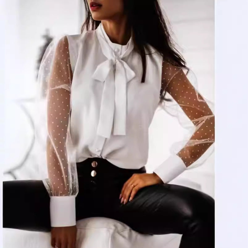 Damen Bluse mit transparenten Puffärmeln und filigranem Schleifen-Detail Drune