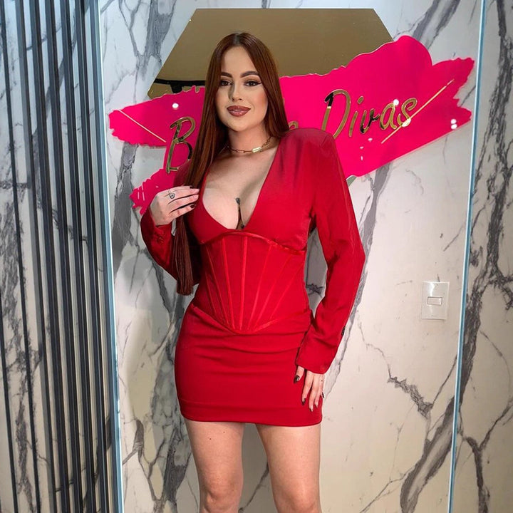 Damen Figurbetontes Minikleid mit integriertem Korsett und tiefem V‑Ausschnitt Drune