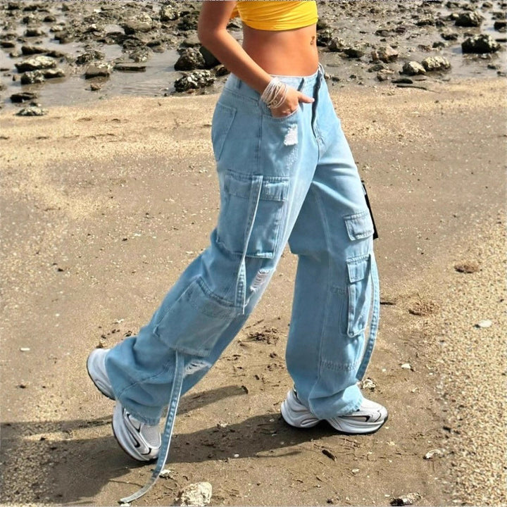Damen Cargo-Jeanshose im weiten Baggy-Schnitt mit Mehrfach‑Cargotaschen Drune