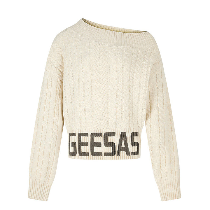 Damen Kurzer Zopfstrick-Pullover mit weitem Boat-Ausschnitt und markantem Logobund Drune