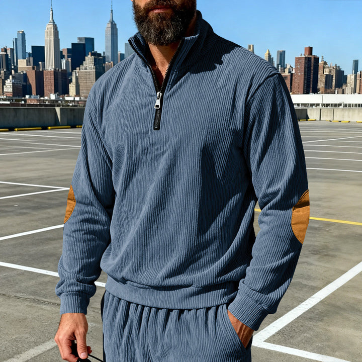 Herren Cord-Struktur-Halbzip-Pullover im Relaxed-Fit mit Stehkragen und Ellbogen-Patch Drune