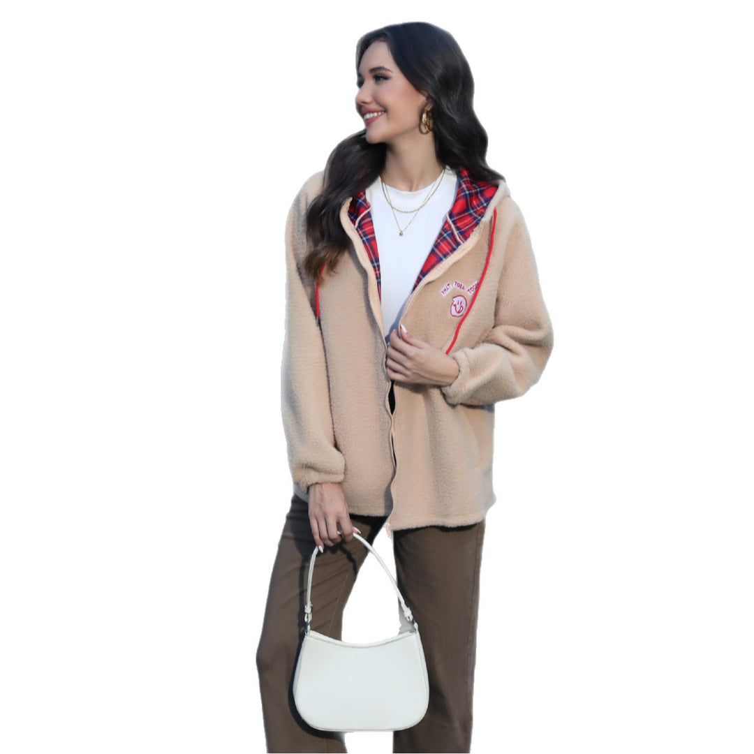 Damen Teddy-Fleece Kapuzenjacke mit Karo-Futter und Reißverschluss Drune