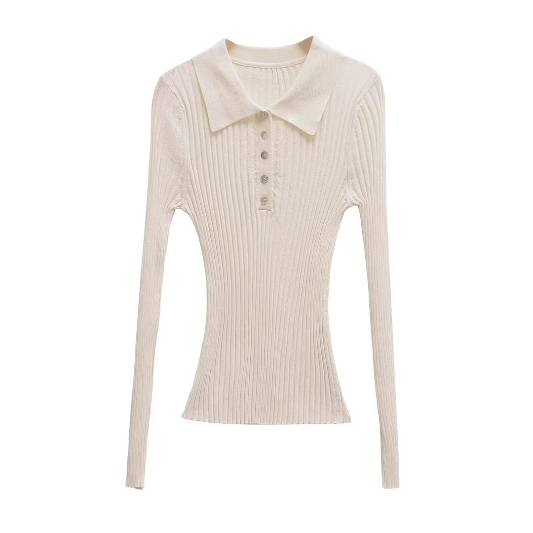 Damen Langarm Polo-Shirt mit eleganter Rippstruktur und Knopfleiste Drune