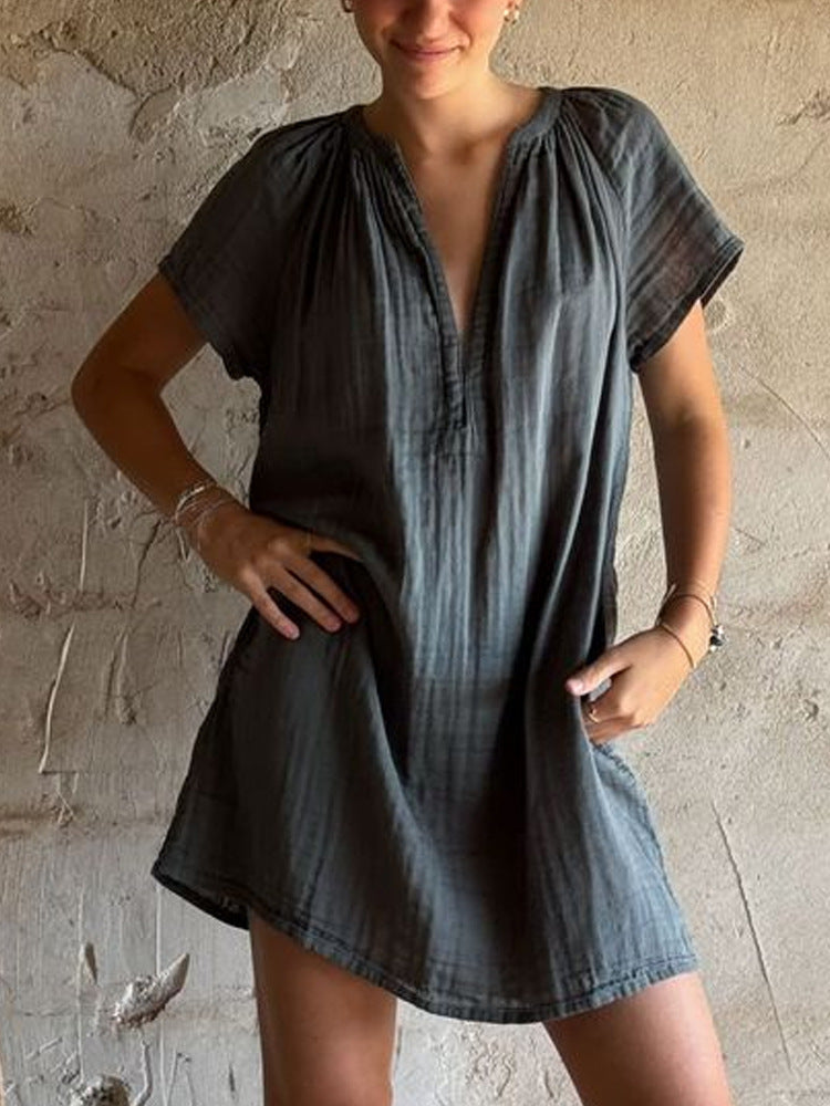 Damen lässiges Tunika-Kleid mit tiefem V-Ausschnitt und Raffung Drune