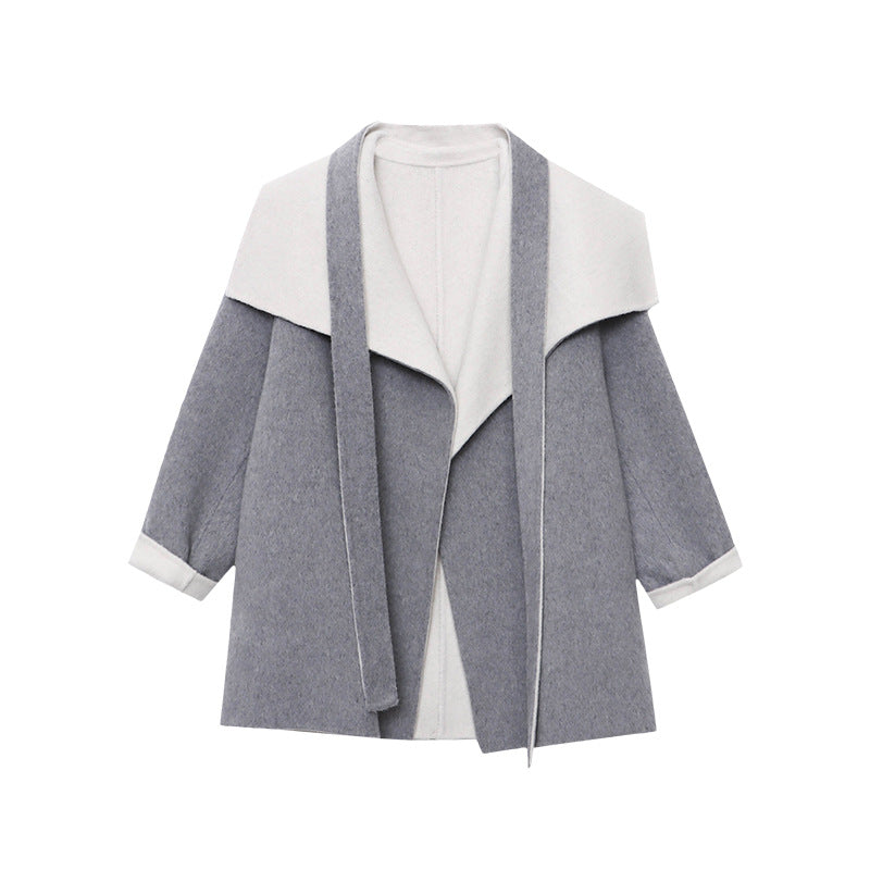 Damen elegante Wolljacke mit breitem Revers und Bindegürtel Drune