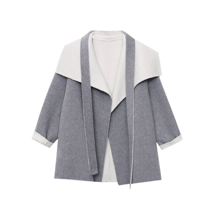 Damen elegante Wolljacke mit breitem Revers und Bindegürtel Drune