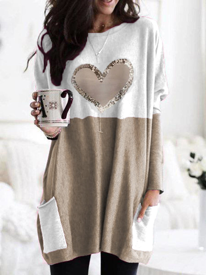 Damen Oversized Lange Pullover Tunika mit Pailletten-Herz und aufgesetzten Taschen Drune