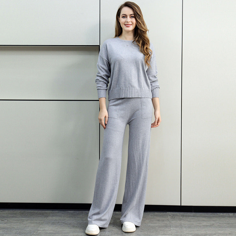 Damen gemütliches Strick-Loungewear-Set mit weitem Schnitt und praktischen Taschen Drune