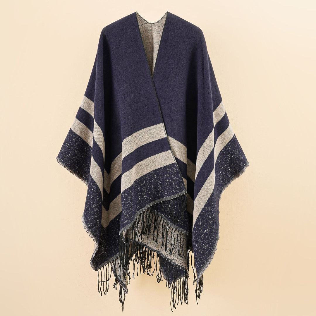 Damen Oversize-Ruana aus Wollmix mit kontrastierten Querstreifen und Fransensaum Drune