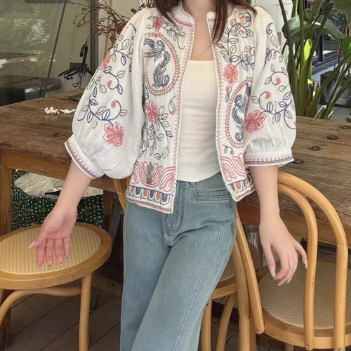Damen Gestepptes Kimono-Jäckchen mit floraler Stickerei Drune