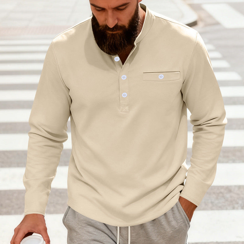 Herren Lässiges Henley-Langarmshirt mit Stehkragen, Brusttasche und abgerundetem Saum Drune