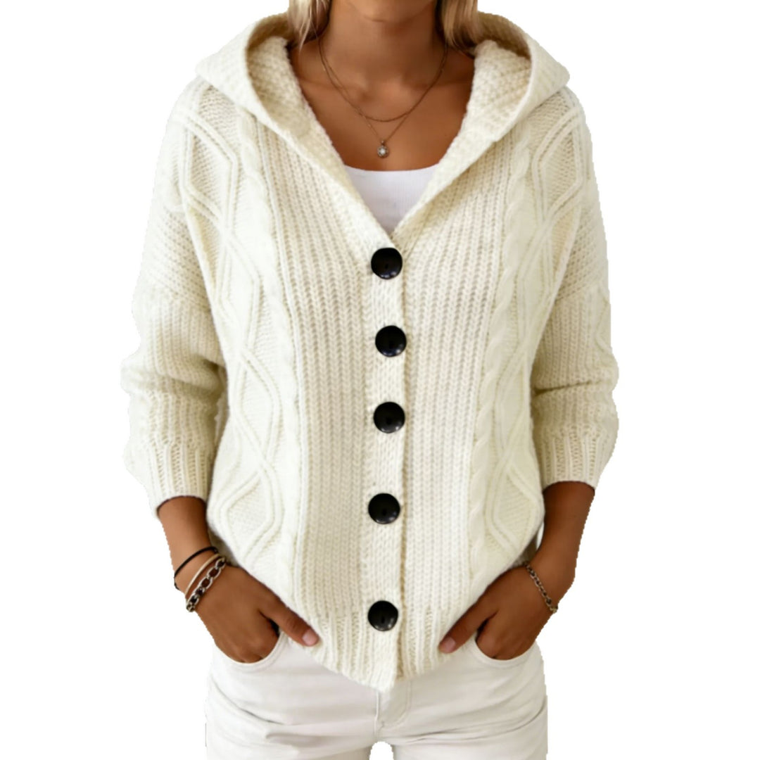 Damen Kapuzen-Cardigan aus grobem Zopfstrick mit Knopfverschluss Drune