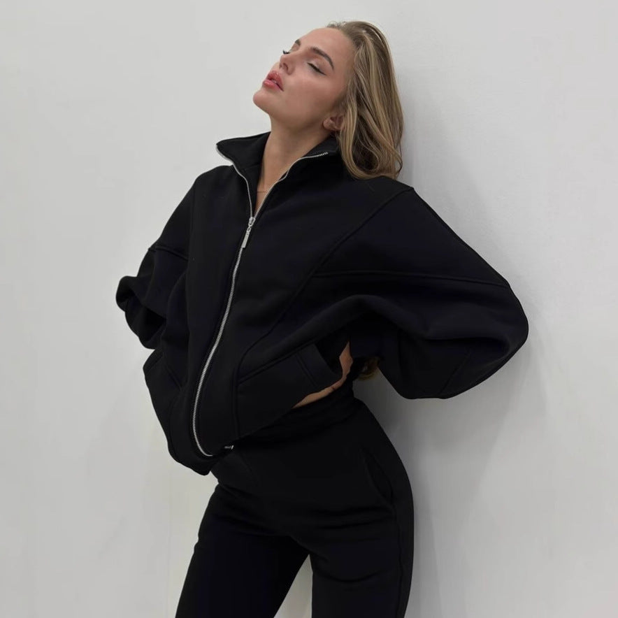 Damen Oversize-Halbzip-Sweatjacke mit sculptender High-Waist-Jogginghose aus schwerem French-Terry Drune