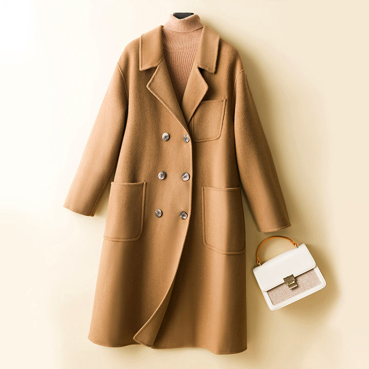 Damen Oversized Doppelreiher Wollmix‑Mantel mit aufgesetzten Taschen Drune