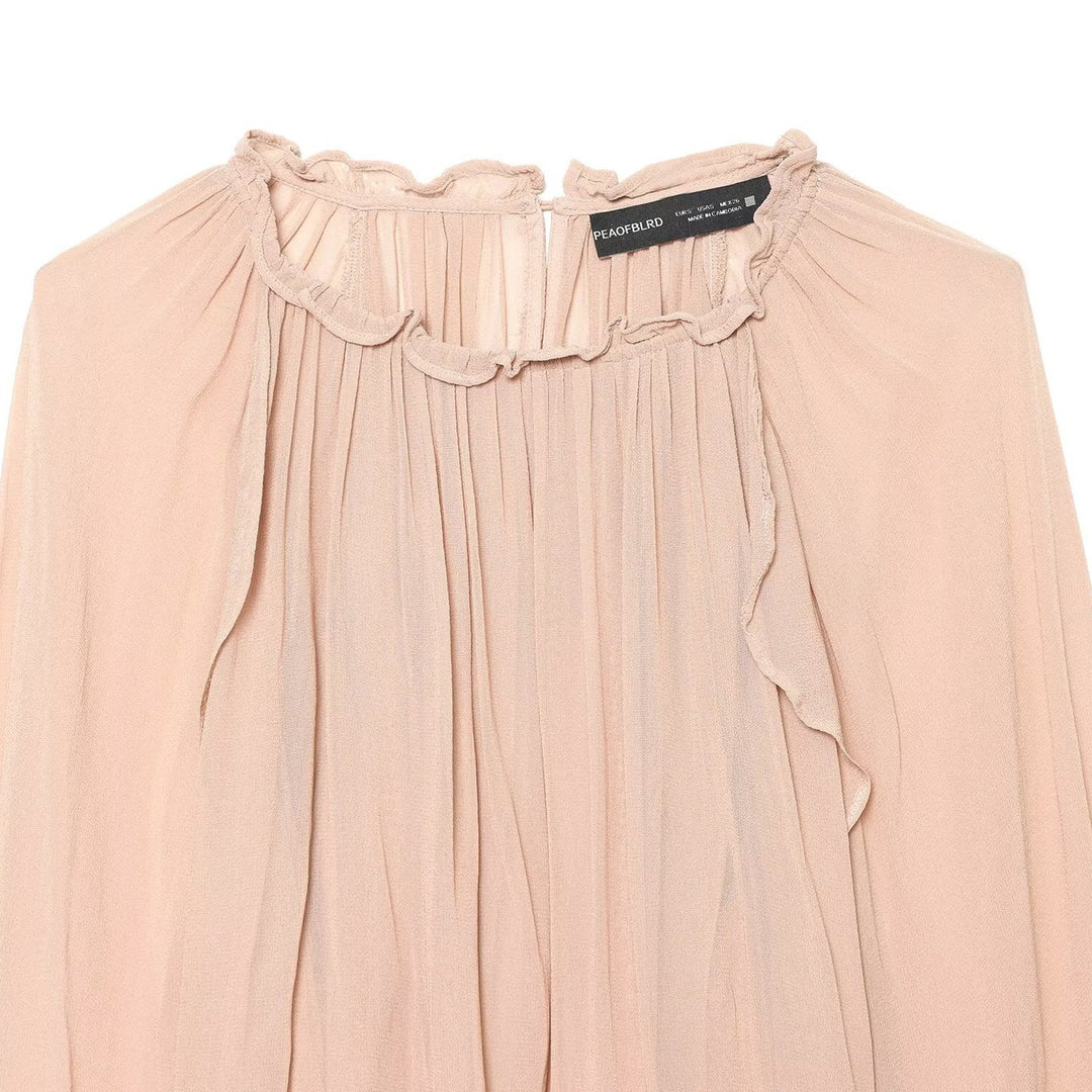 Damen Plissierte Chiffon-Bluse mit Rüschkragen und Ballonärmeln Drune