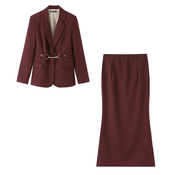 Damen Zweiteiliges tailliertes Blazer- und Langrock-Set mit dekorativem Kettengürtel Drune