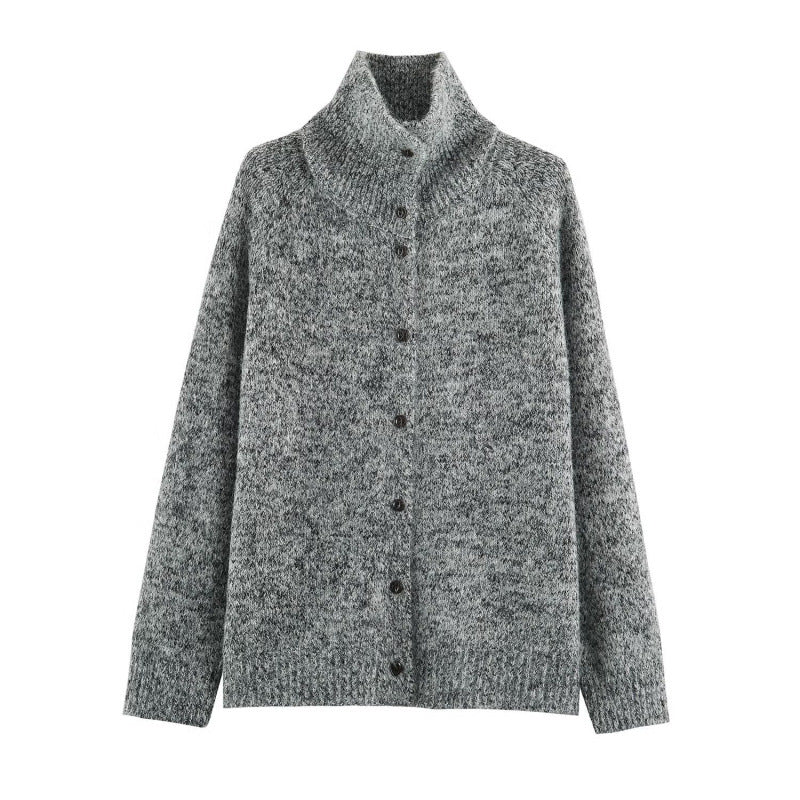 Damen Grobstrick‑Cardigan im Oversize‑Look mit hohem Rippkragen und Knopfleiste Drune