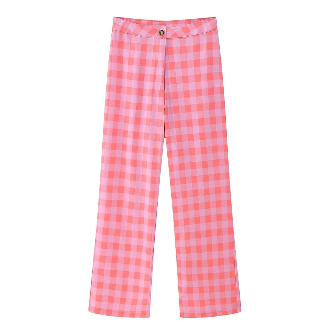 Damen elegante Freizeithose mit Karo-Muster und hohem Bund Drune