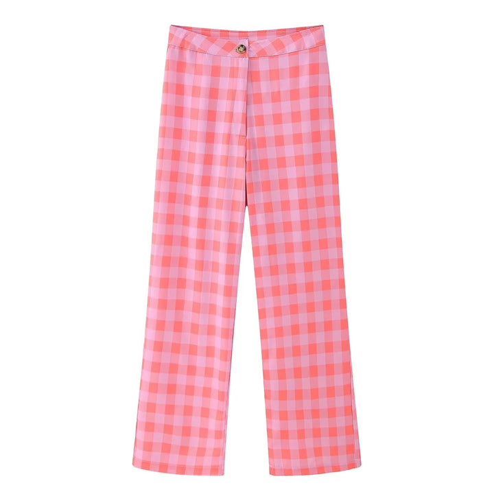 Damen elegante Freizeithose mit Karo-Muster und hohem Bund Drune