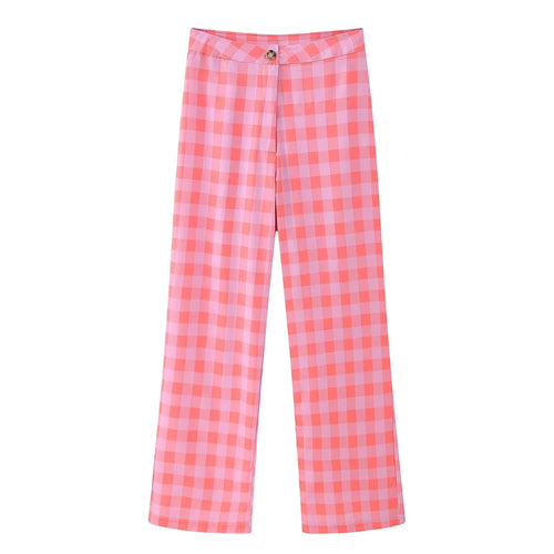Damen elegante Freizeithose mit Karo-Muster und hohem Bund Drune