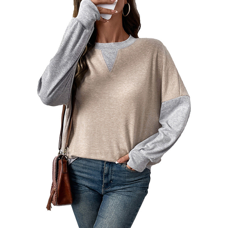 Damen Zweifarbiger Oversize-Langarmpullover mit Kontrastärmeln und V-Naht Drune