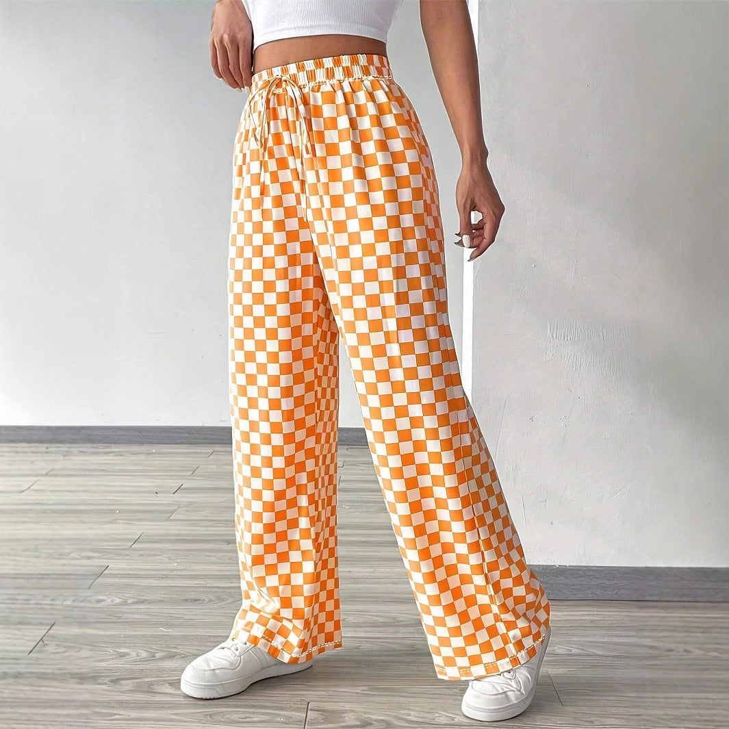 Damen Weite Freizeithose mit kariertem Muster und elastischem Bund Drune