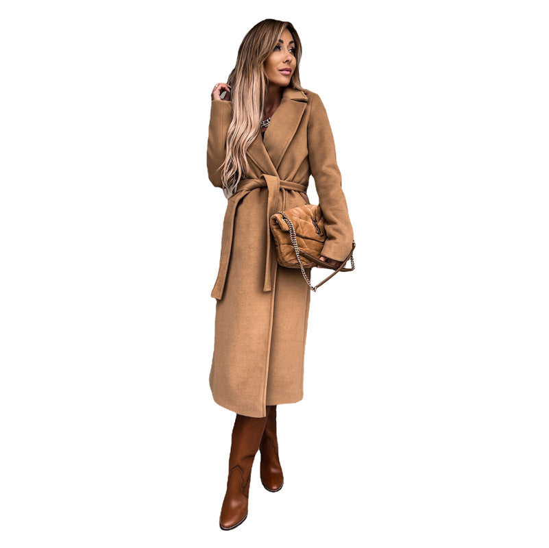 Damen eleganter Wolle-Mantel mit tailliertem Schnitt und Gürtel Drune