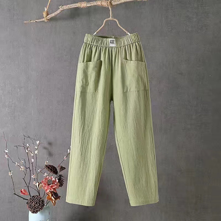 Damen nan lässige Leinenmix-Hose mit elastischem Bund, geradem Bein und großen aufgesetzten Taschen Drune
