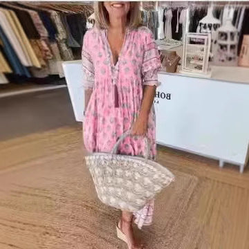 Frauen Boho Maxi Kleid aus leichtem Viskose-Mix mit V-Ausschnitt, Quastenbändchen, drei Viertelärmeln und seitlichen Taschen Drune
