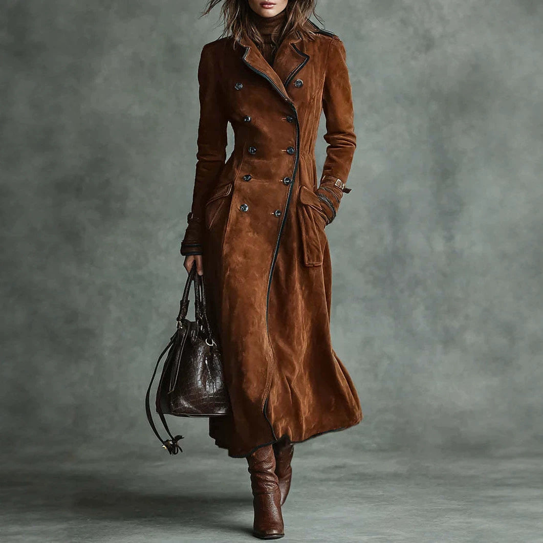 Damen Langer Taillierter Trenchcoat aus Veloursleder‑Optik mit doppelreihiger Knopfleiste und Schnallenmanschetten Drune