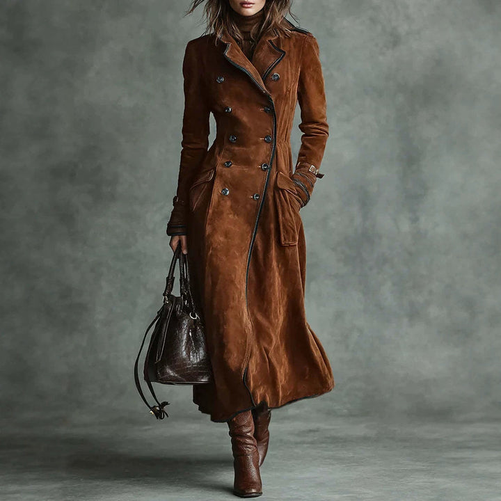 Damen Langer Taillierter Trenchcoat aus Veloursleder‑Optik mit doppelreihiger Knopfleiste und Schnallenmanschetten Drune