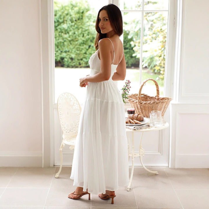 Damen Boho-Chic Maxikleid mit verstellbaren Spaghettiträgern und voluminösem Rock Drune