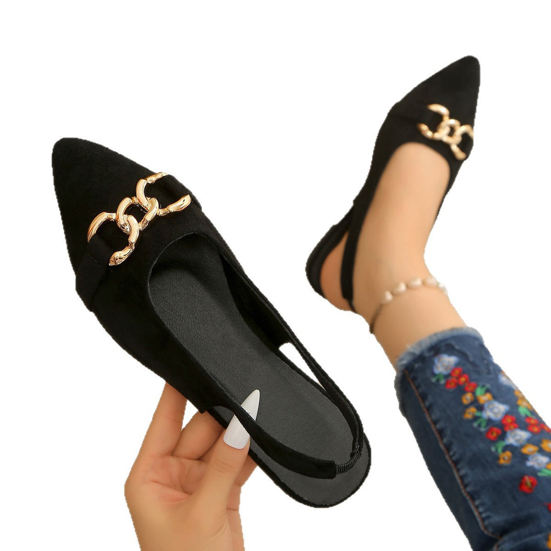 Damen Ballerinas mit Fersenriemen, spitzer Kappe und goldener Kettenverzierung Drune