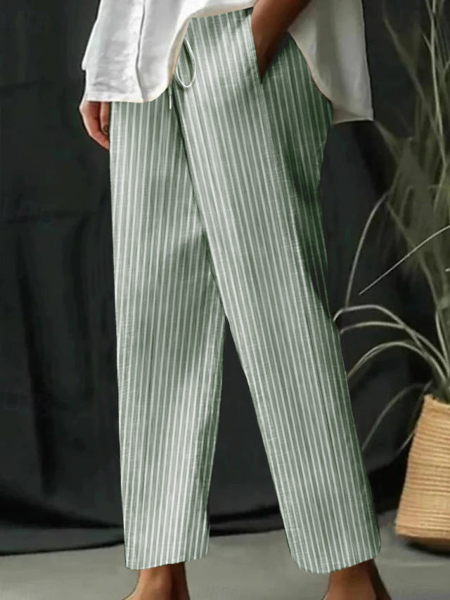 Damen gestreifte Leinen-Optik-Hose mit hohem Bund, Kordelzug und geradem, cropped Schnitt Drune
