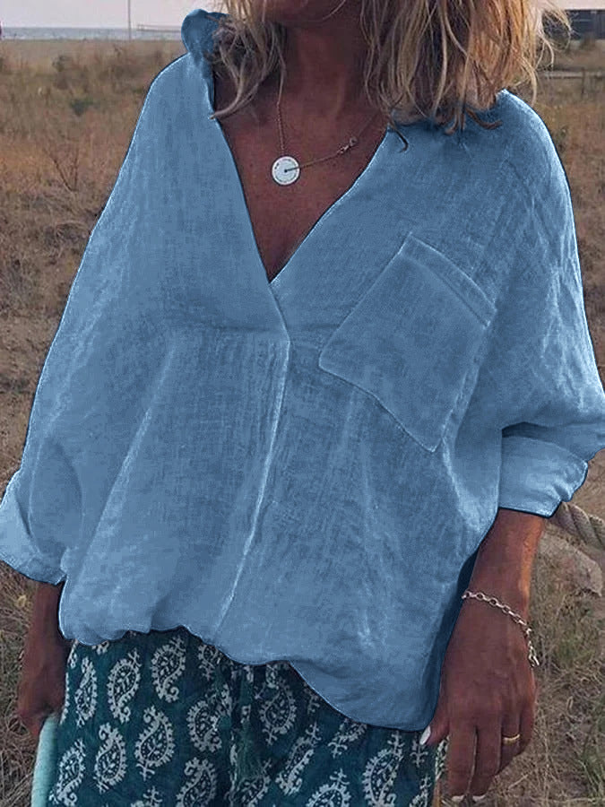 Damen Oversized Leinen-Look Bluse mit tiefem V-Ausschnitt, aufgesetzter Brusttasche und hochgerollten Dreiviertelärmel Drune