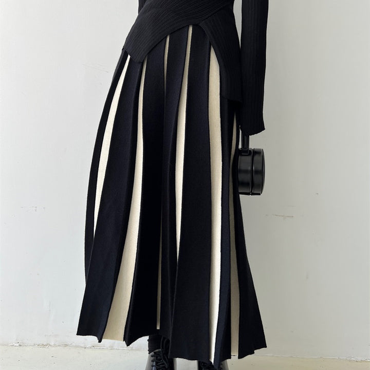 Damen Eleganter Plissee-Rock mit kontrastierenden Streifen Drune