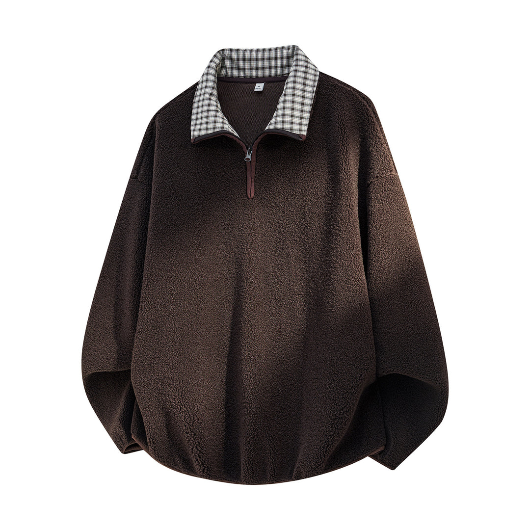 Herren Oversize Sherpa Fleece Pullover mit Halbzip und kariertem Kragen Drune