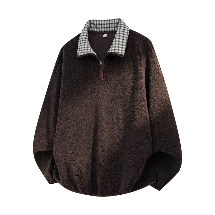 Herren Oversize Sherpa Fleece Pullover mit Halbzip und kariertem Kragen Drune