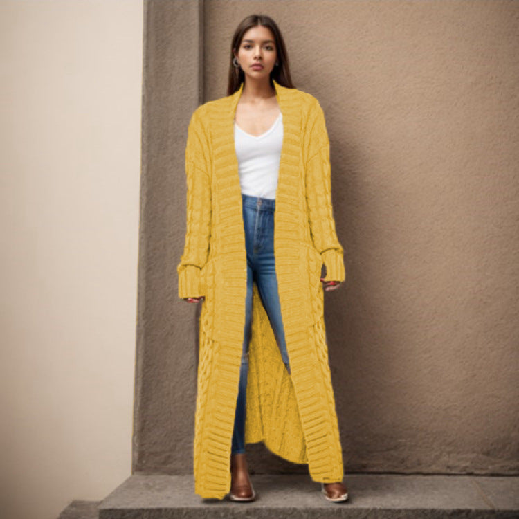 Damen Langer Strickcardigan mit strukturiertem Zopfmuster und praktischen Taschen Drune