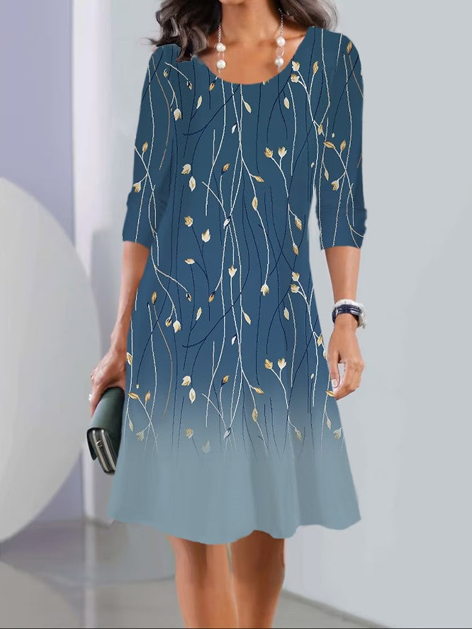 Damen A-Linien Kleid mit floralem Druck, U-Ausschnitt, Dreiviertelärmel und sanftem Ombre Drune
