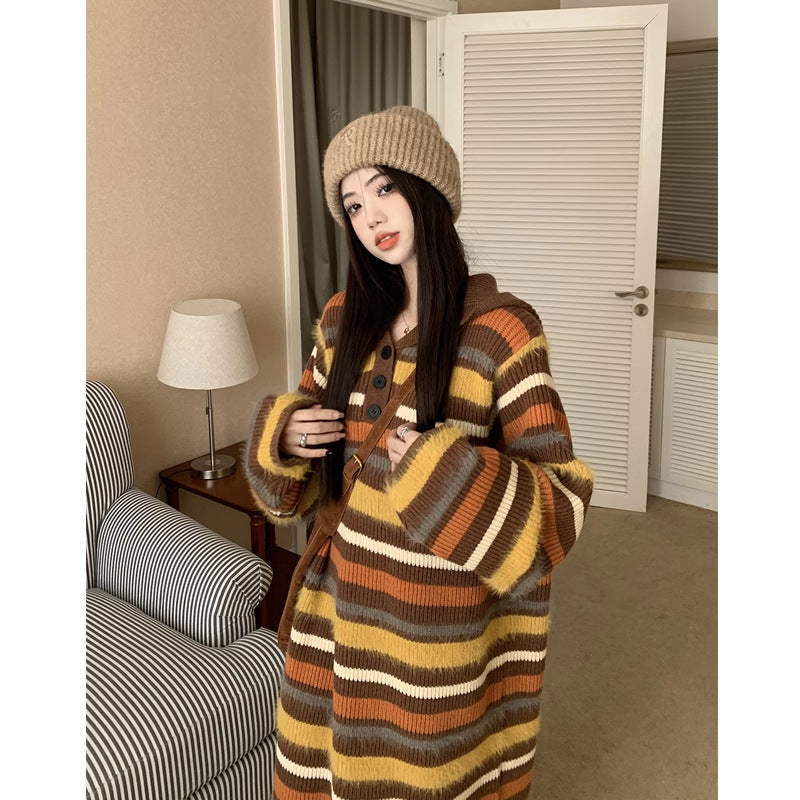 Damen Modische Strickjacke mit großen Knöpfen und kapuzze Drune
