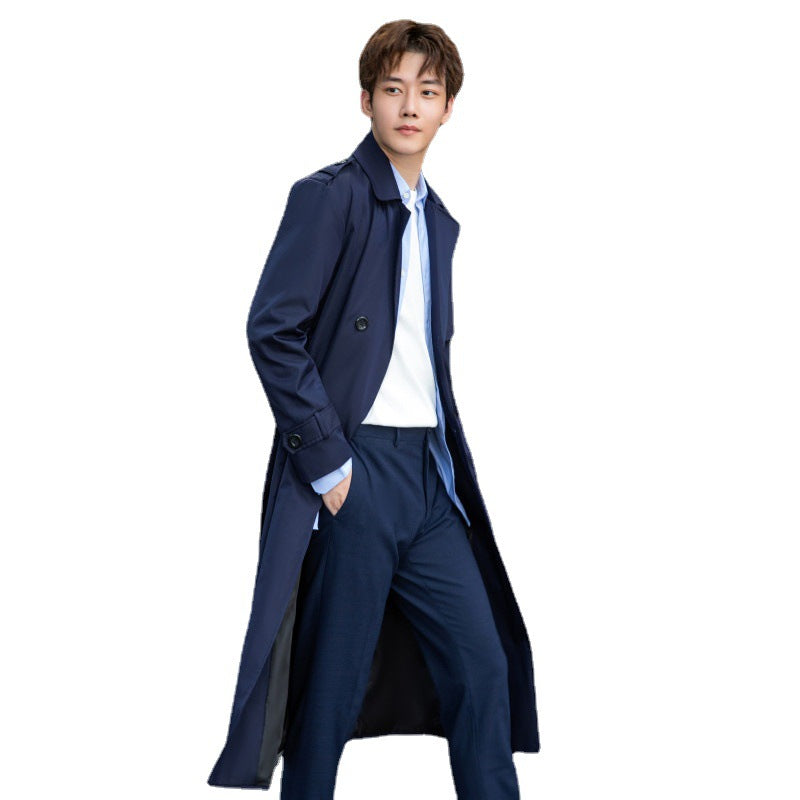 Herren langer doppelreihiger Trenchcoat mit Sturmklappe und D-Ring-Details Drune