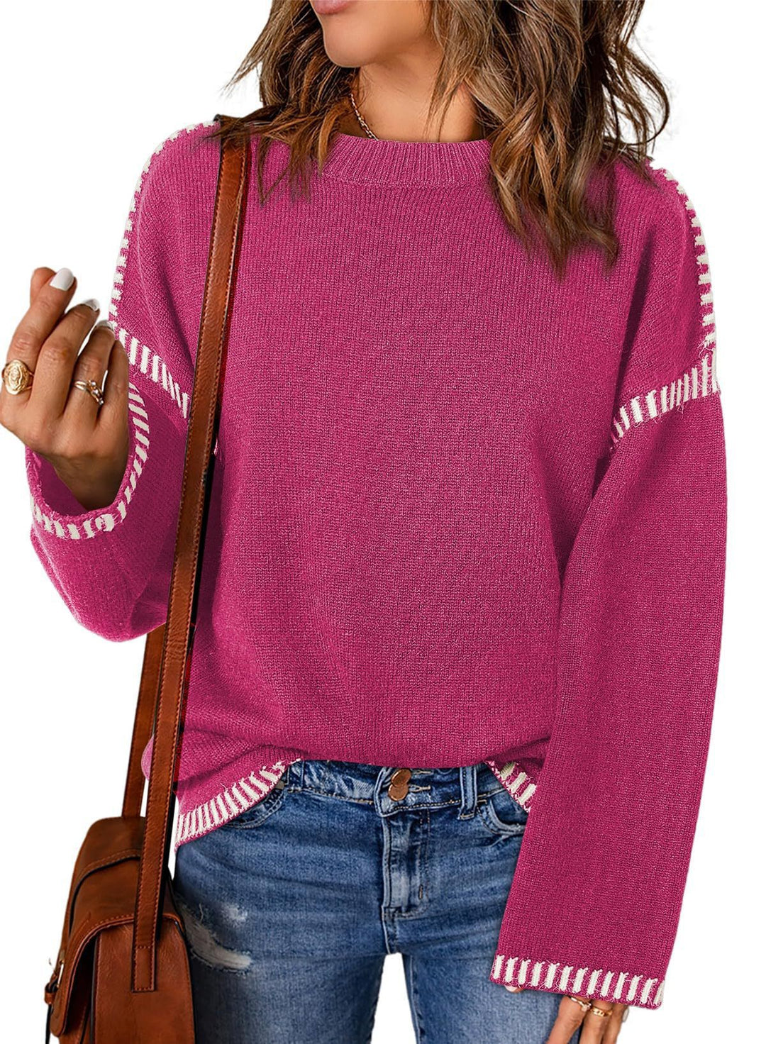 Damen Grobstrickpullover mit modischem Kontrastsaum und weiten Ärmeln Drune