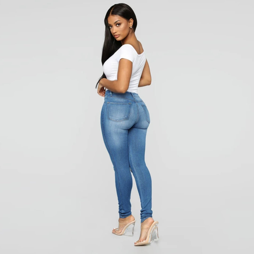 Damen High-Waist Skinny-Jeans mit Knie-Rissen und figurformendem Schnitt Drune
