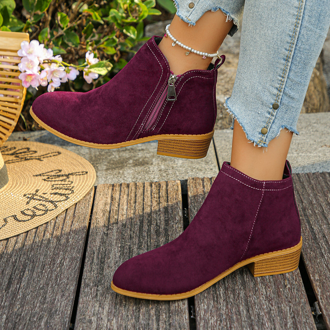 Damen elegante Ankle-Boots aus Velourslederimitat mit seitlichem Reißverschluss und niedrigem Blockabsatz Drune